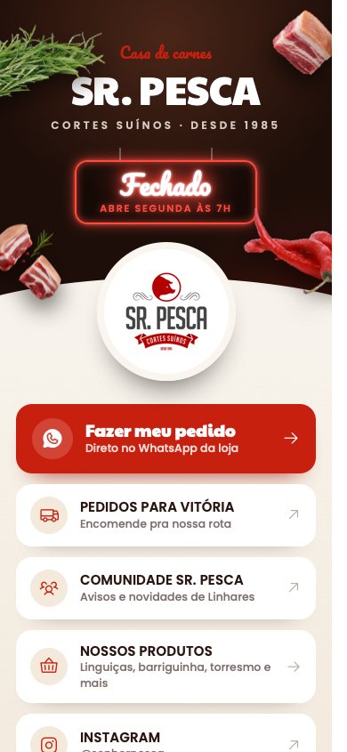 Página de links da Sr. Pesca no celular